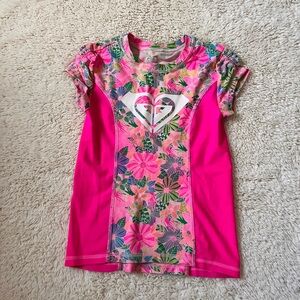 Roxy Girls' Hot Pink Floral Panel Short Sleeve Rashguard Sz 8